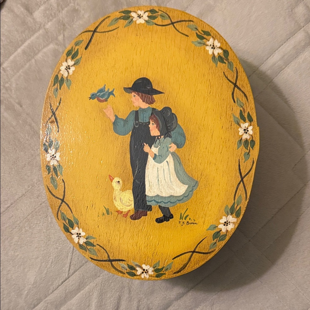 Vintage wooden Yellow Oval Decorative Box with Folk Art Design signed